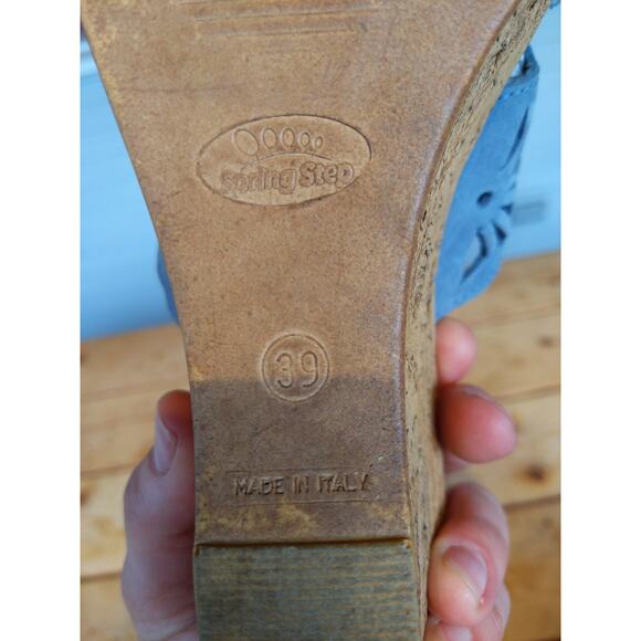 Spring Step Italian Leather Wedge Sandals Size 39/8.5 Blue Floral Cutout Cork - Picture 6 of 9